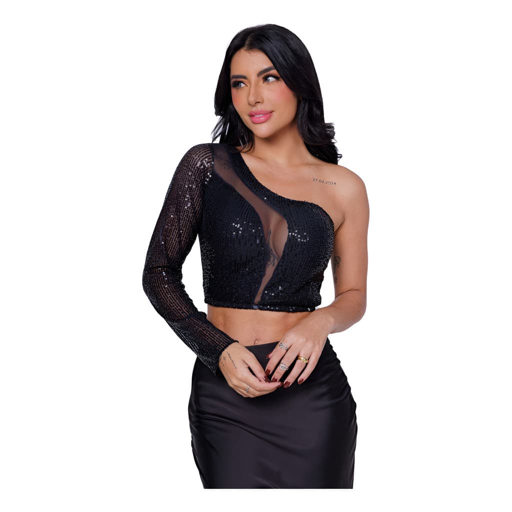 Cropped Feminino Uma Manga Paetê