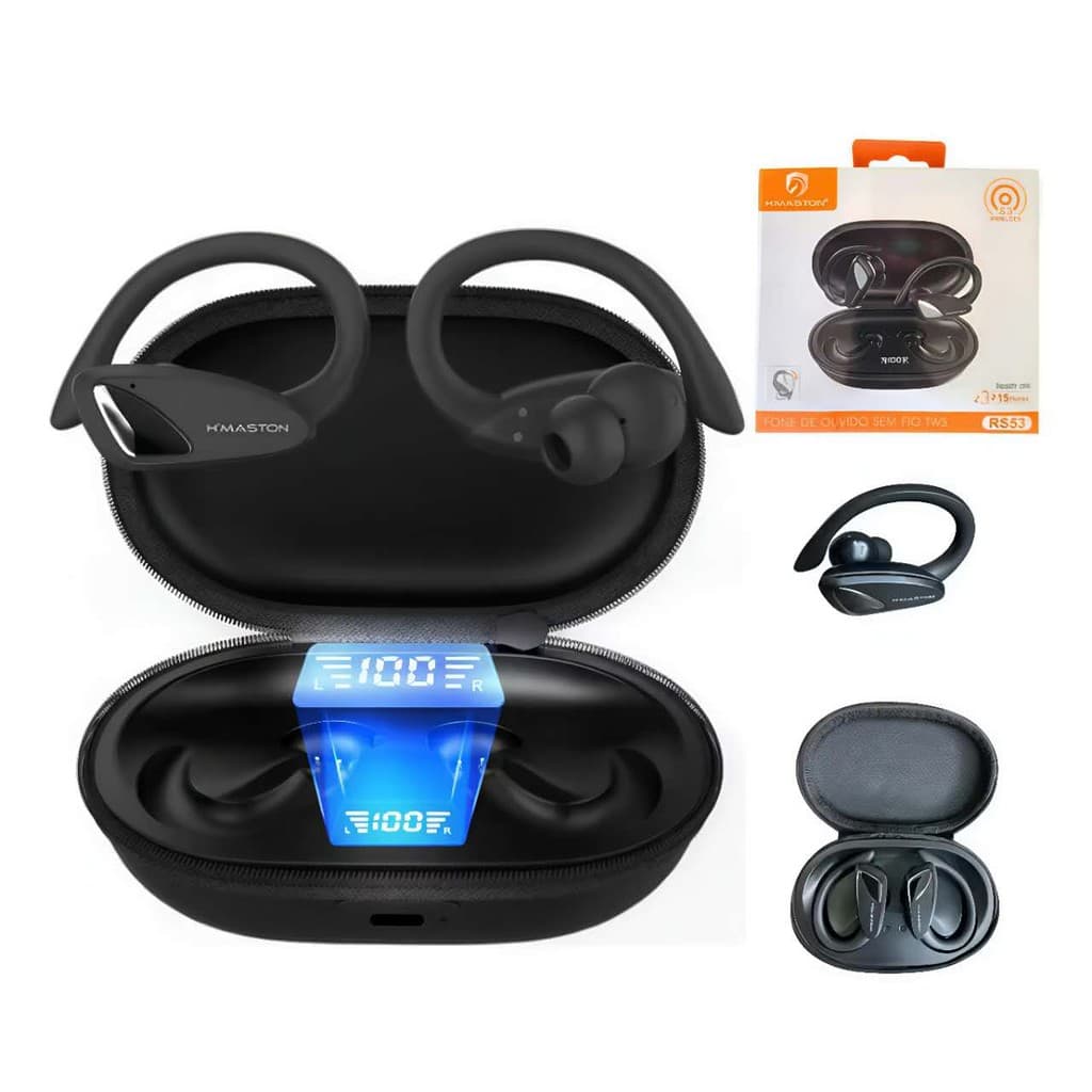 Fone de Ouvido Esportivo Sem Fio Bluetooth 5.3 Longa Duração +Gancho Fixo +Redução de Ruído H'maston