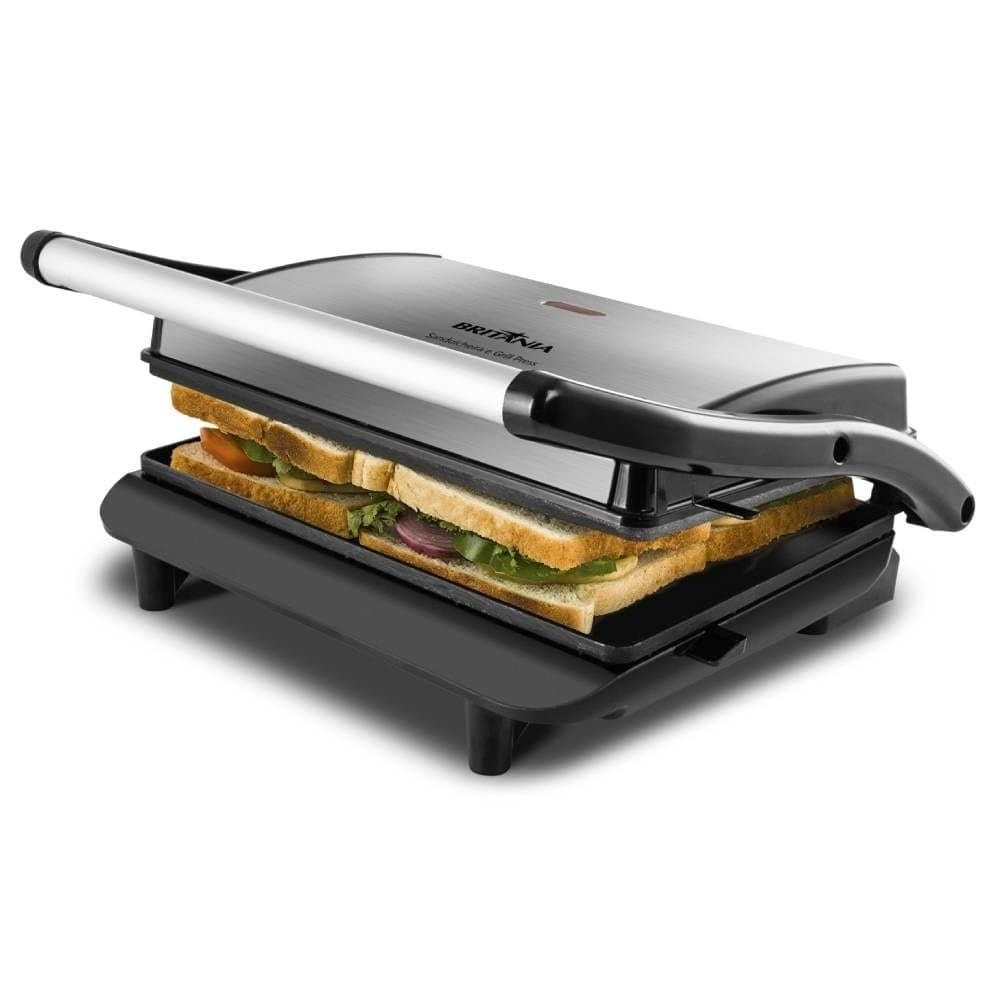 Sanduicheira Grill Britânia Press BGR27I | Chapas com revestimento antiaderente, 850W, Inox