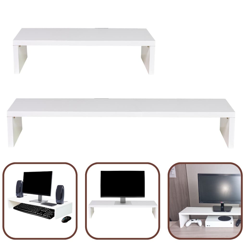 Kit 1 Suporte Monitor 15x90x20cm + 1 Suporte Monitor 10x60x20cm MDF Branco