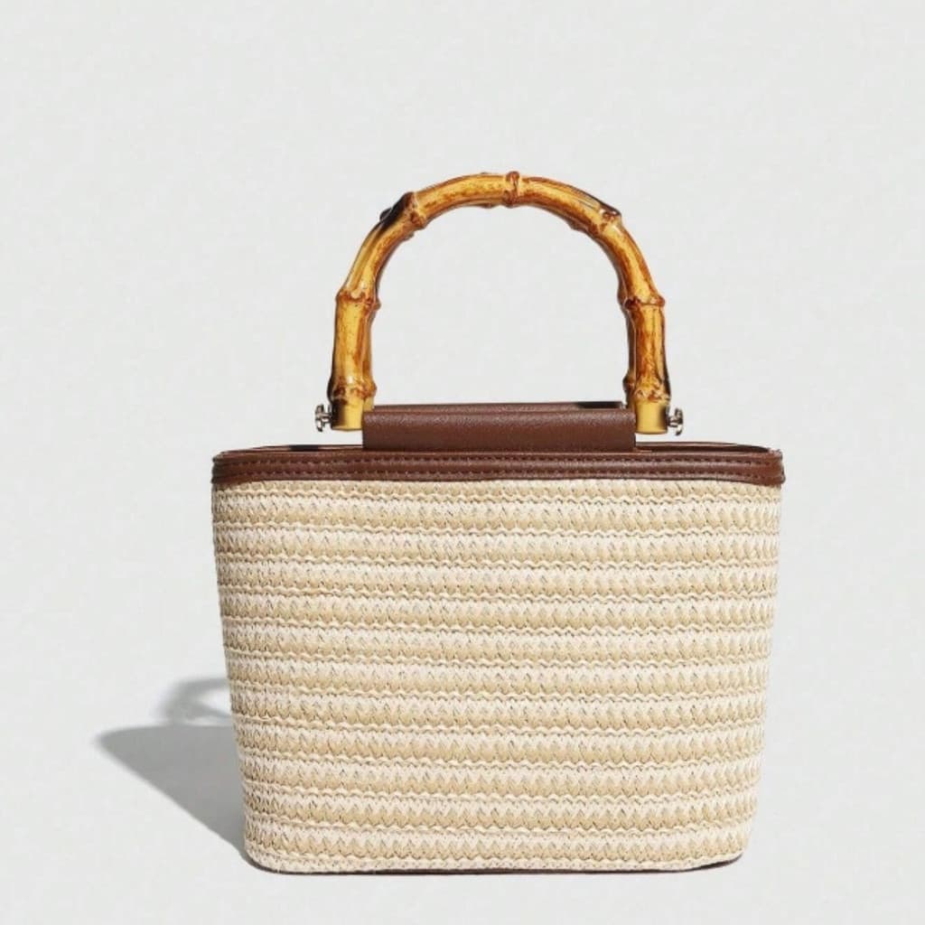 Bolsa Feminina de Palha Estilosa Elegante De Alta Qualidade Com alça De Bambu Linda