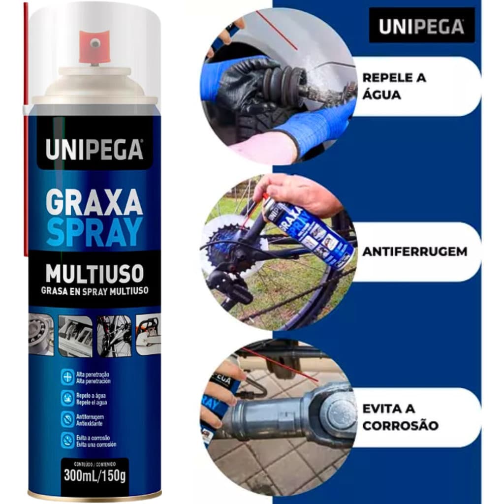 Graxa Spray Lubrificante Multiuso 300ml Unipega Rolamento Bicicleta Moto  Trilho Engrenagem Eixo