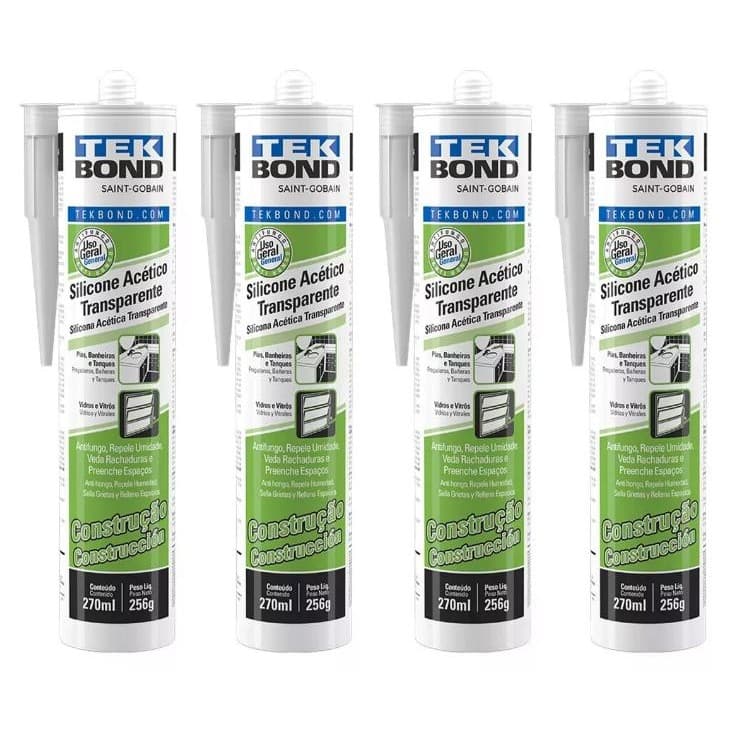 Kit 4unid Silicone Acetico Transparente 256gr 270ml Tekbond