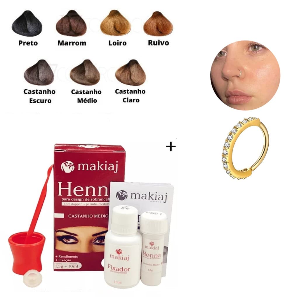 Conjunto Sobrancelha Henna Makiaj Complete Fixing Gel 7 Cores 1 Henna + 1 Dourado Argola De Nariz De Zircônia