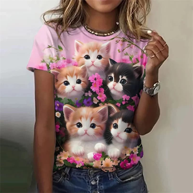 Camiseta De Gato Fofo Com Estampa 3D Para Mulheres Animal Manga Curta Moda Verão Gola Redonda Tops Meninas Camisetas Gra