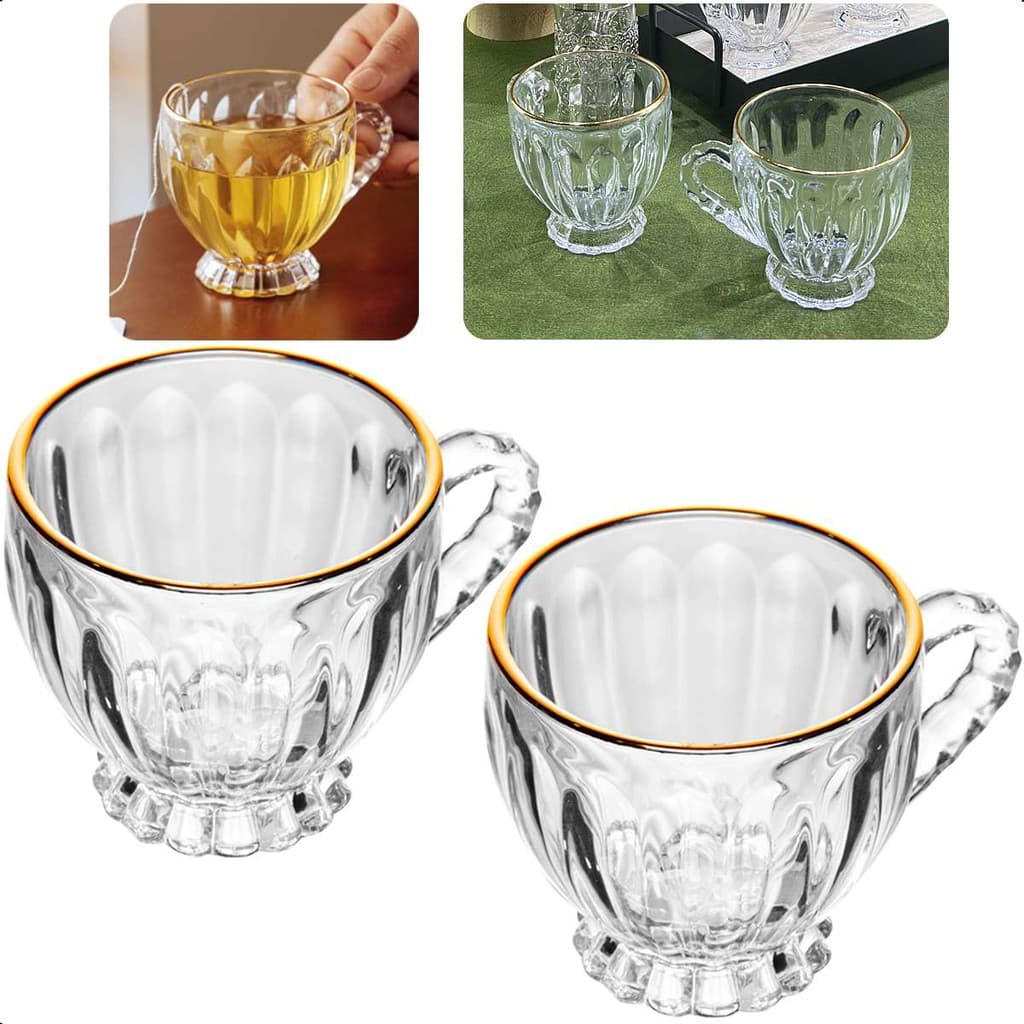 Kit 2 Xícaras De Cristal 200mL Com Borda Dourada Renaissance Café Chá Cappucino Lyor
