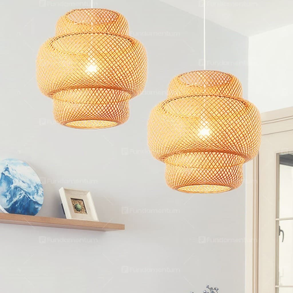 Kit 2 Luminárias de Teto Lustre Pendente Bambu Cayman Rústico 40cm Sala Cozinha Fio Preto 2m