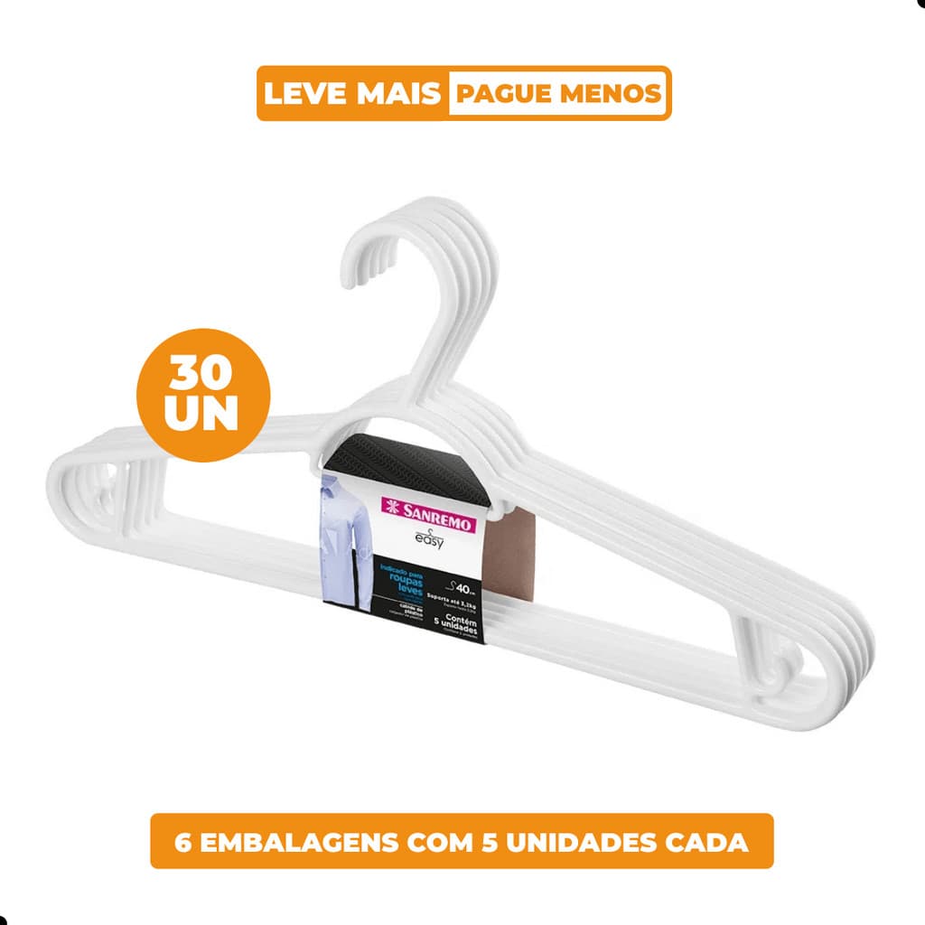 Kit Cabide Plástico Adulto 40cm Branco Sanremo 30 Unidades