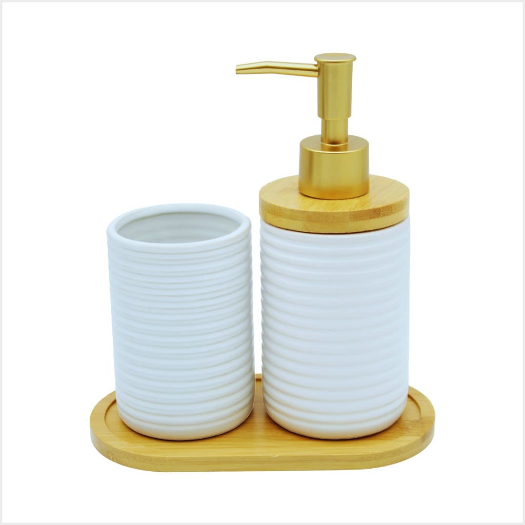 Jogo Banheiro Lavabo Ceramica Escova Sabonete Bandeja Bambu
