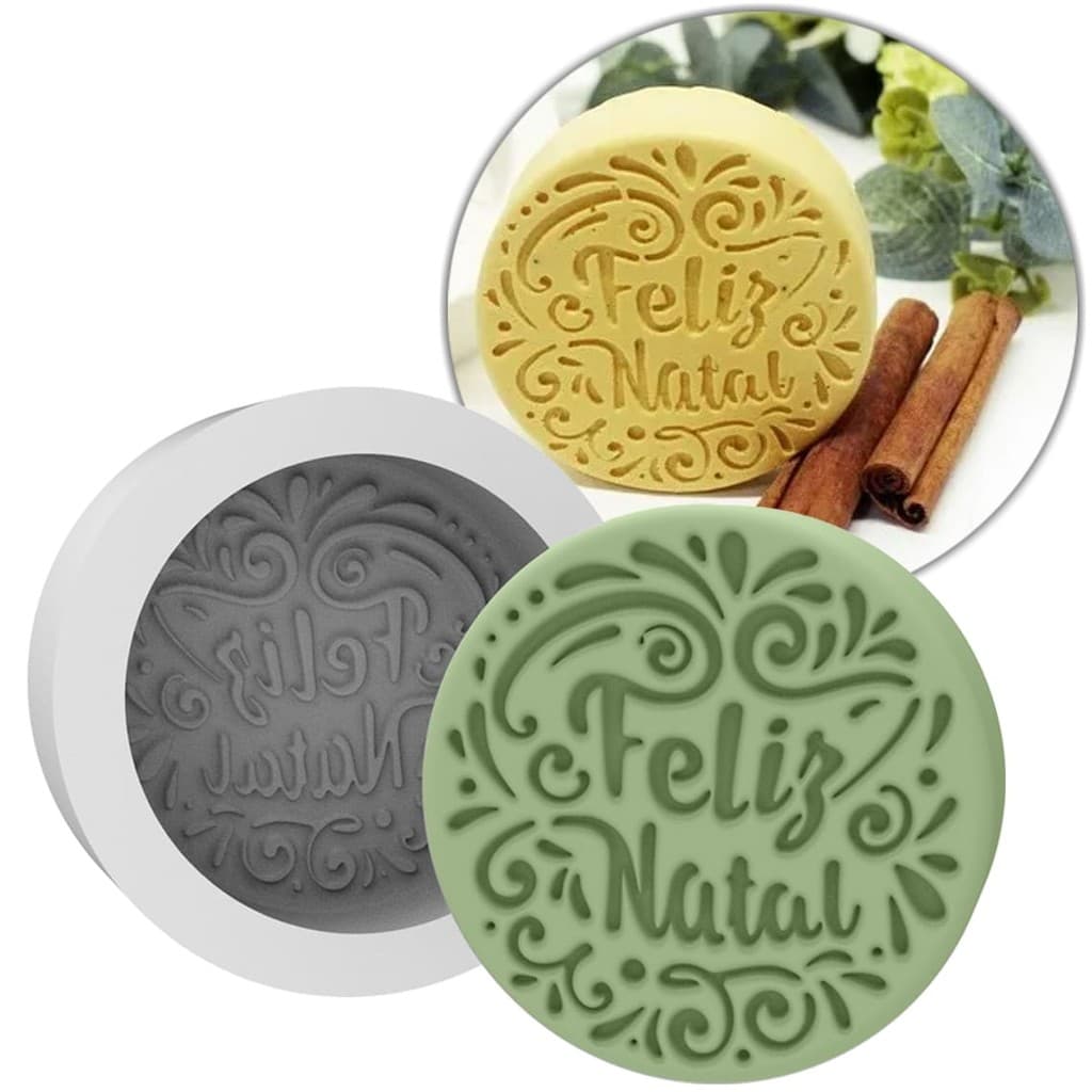 Forma de Silicone Feliz Natal Redonda Decorada | Sabonetes, Lembrancinhas, Velas, Resina e Gesso
