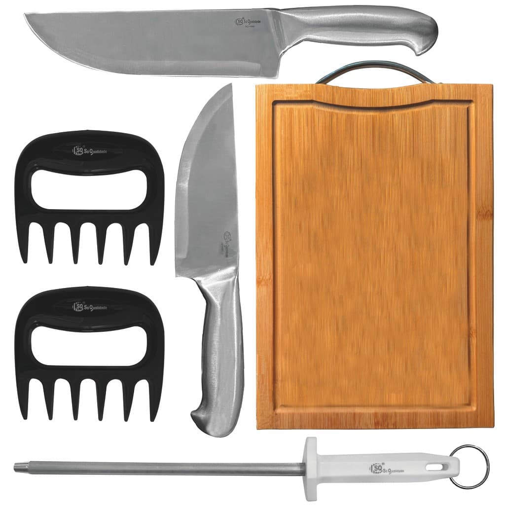 Kit de Churrasco Faca Linha Texas 8 e 6 Polegadas Chaira Garra de Urso Tábua Bambu