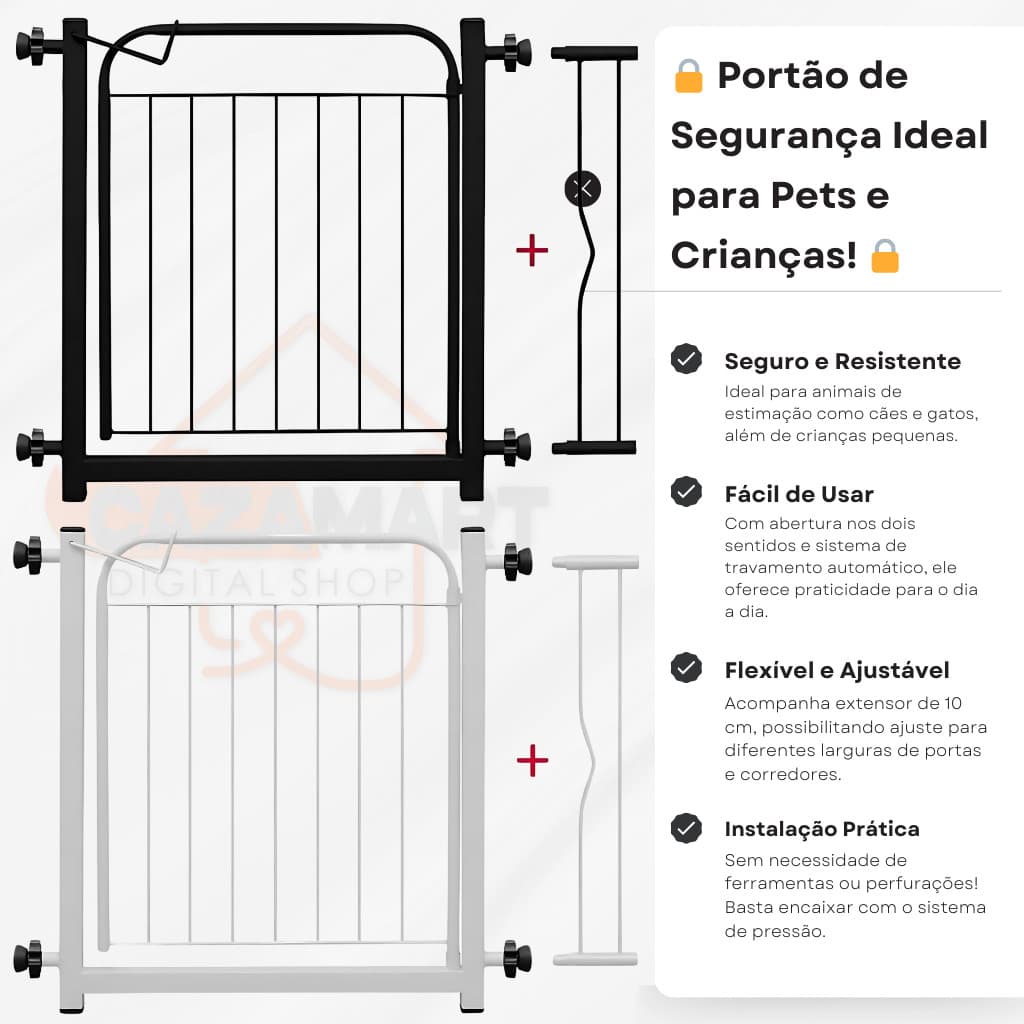 Portão Grade de Segurança para Pets Cachorro Crianças c/ Extensor 10 cm - 68 a 83 cm