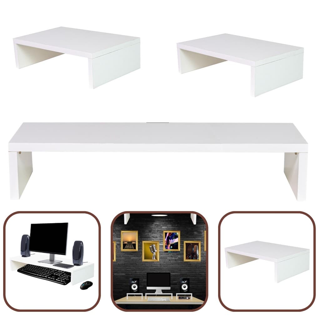 Kit 1 Suporte Monitor 10x60x20cm + 2 Suporte Monitor 10x35x20cm MDF Branco