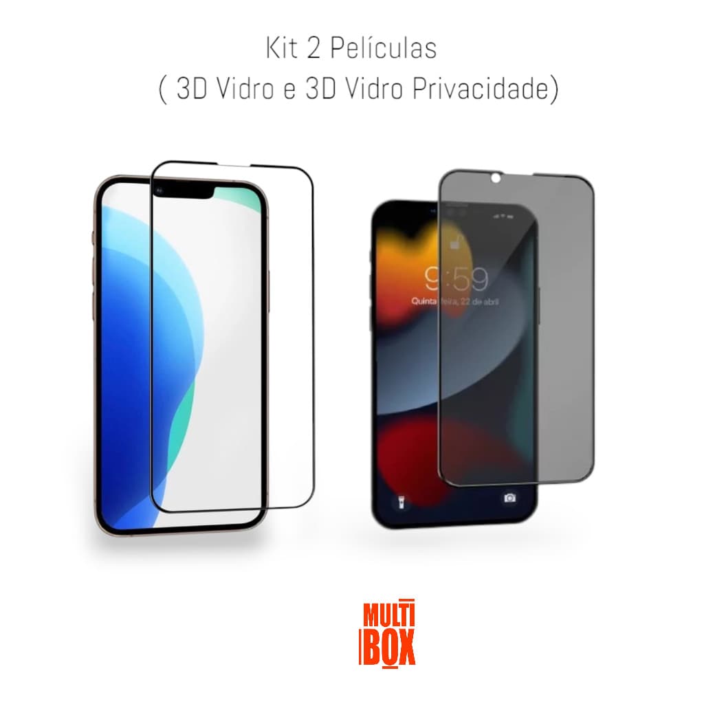 Kit Proteção Do Iphone 13 PRO MAX 1UN Película 3D de Vidro + 1UN Película Privacidade  3D de Vidro