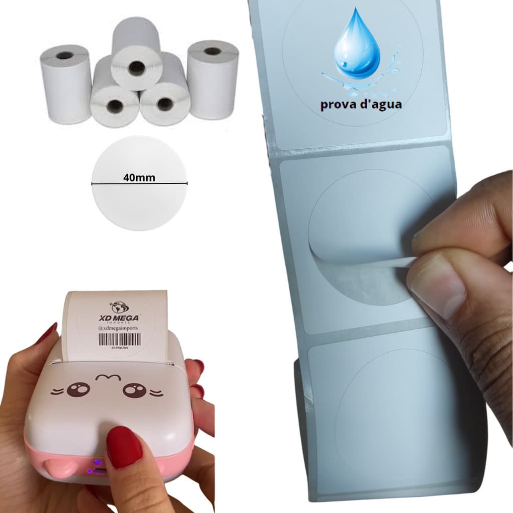 5 Rolos Etiqueta Redonda 40x40 p/ impressora gatinho a prova d'água