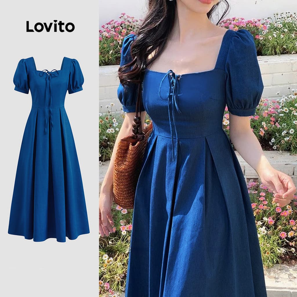 Lovito Vestido Casual Plissado Com Cadarço Vestido De Verão/Primavera Para Mulheres Bordado LBL23071