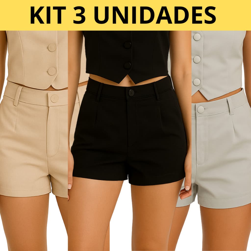 Kit 3 Shorts Alfaiataria Feminino Social Elegante Moda Com Ziper Bolsos e Botão Qualidade Premium