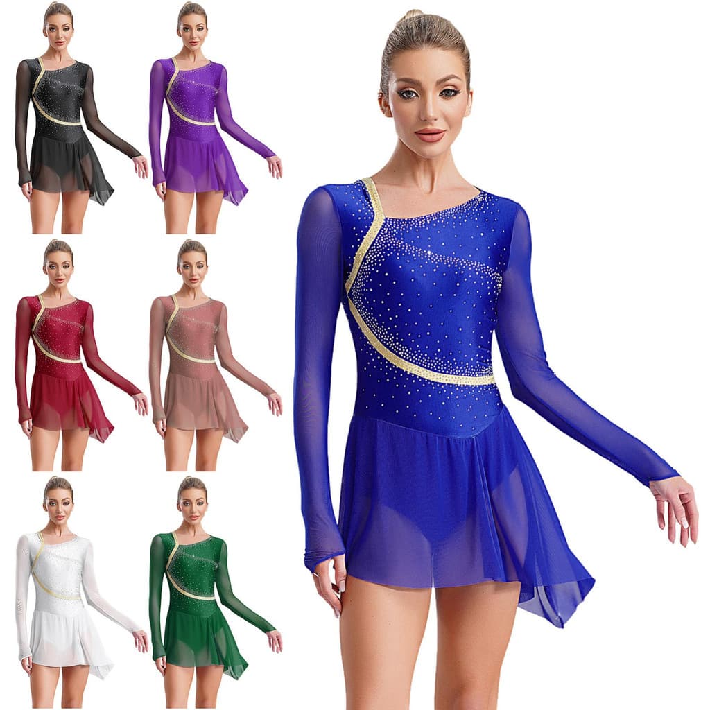 MSemis Feminino Dança Lírica Patinação Artística Traje Pura Malha Mangas Compridas Sem Costas Strass Brilhantes Vestido