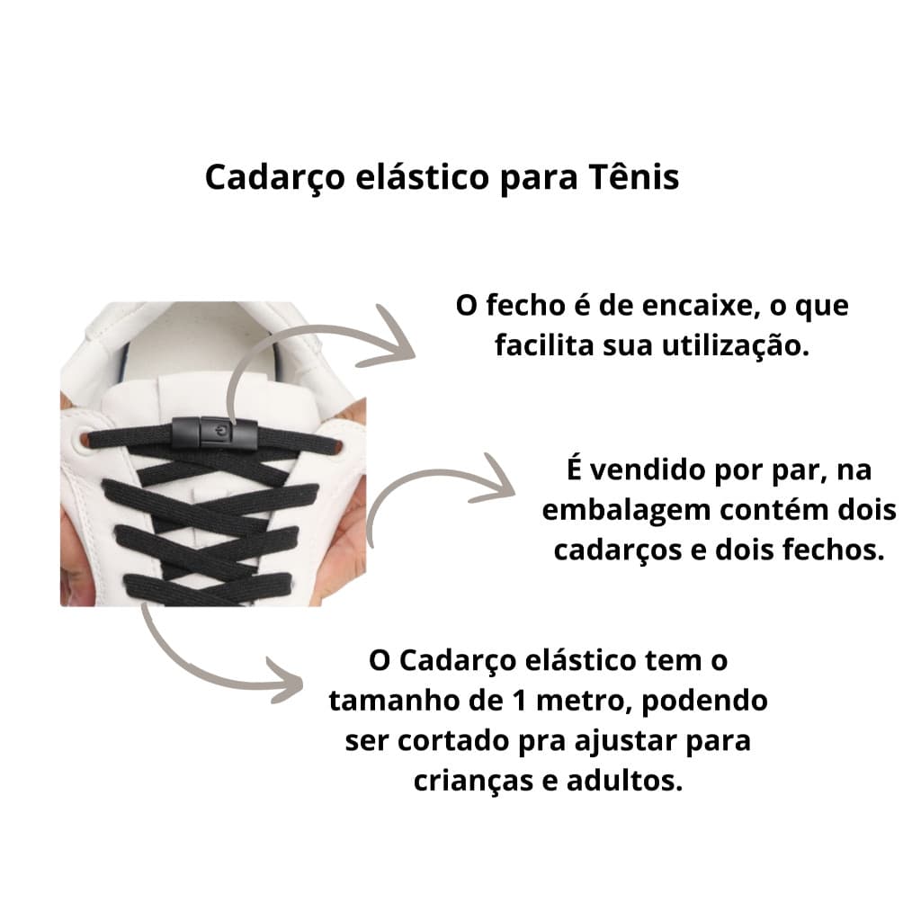 Cadarço elástico para tênis com fecho click nas cores Cinza, preto e branco