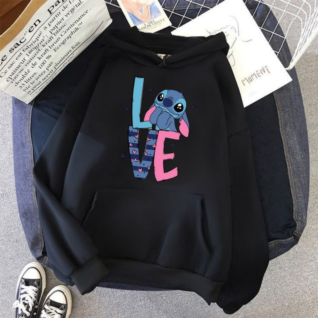 Moletom Blusa De Frio Feminina Stitch Love Lançamento 2025 Bolso Canguru Com Capuz Flanelado 100% Algodão