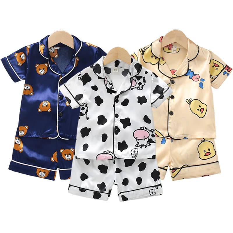 Conjunto de Pijamas de Seda de Verão para Meninos e Meninas, Pijamas de Cetim Infantil com Mangas Curtas + Shorts, R 1NH