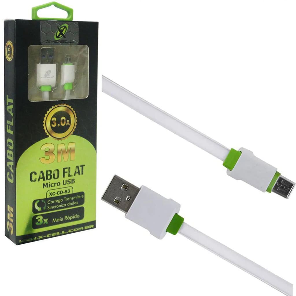 CABO DE DADOS FLAT USB/MICRO V8 X-CELL XC-CD-83 3.0A / 3M