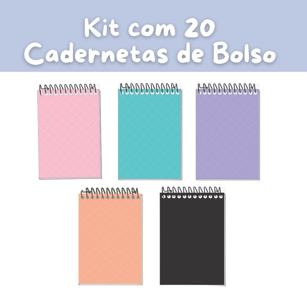 CADERNETA DE BOLSO KIT COM 20 UNIDADES CORES ÚNICAS OU SORTIDAS