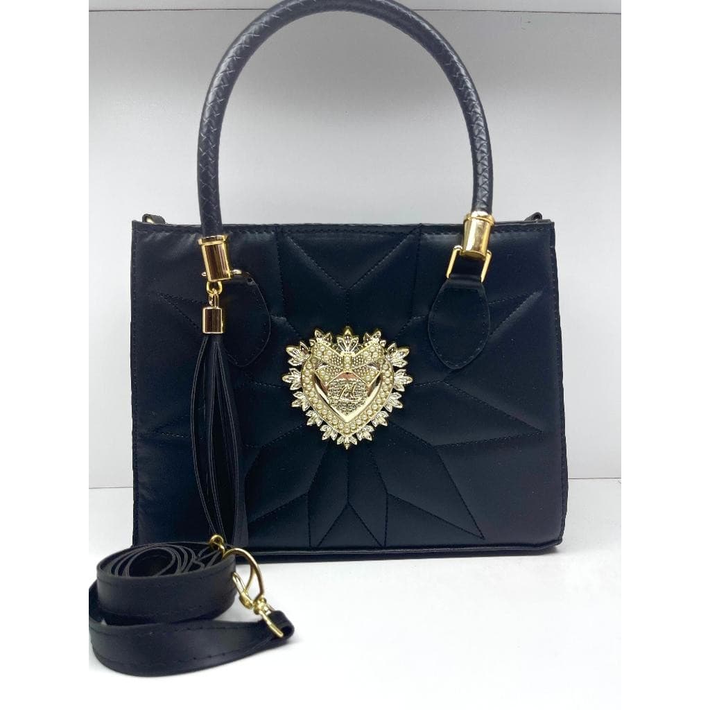 Bolsa feminina transversal Coração Dourado media/grande Branca e Preta para Várias Ocasiões.