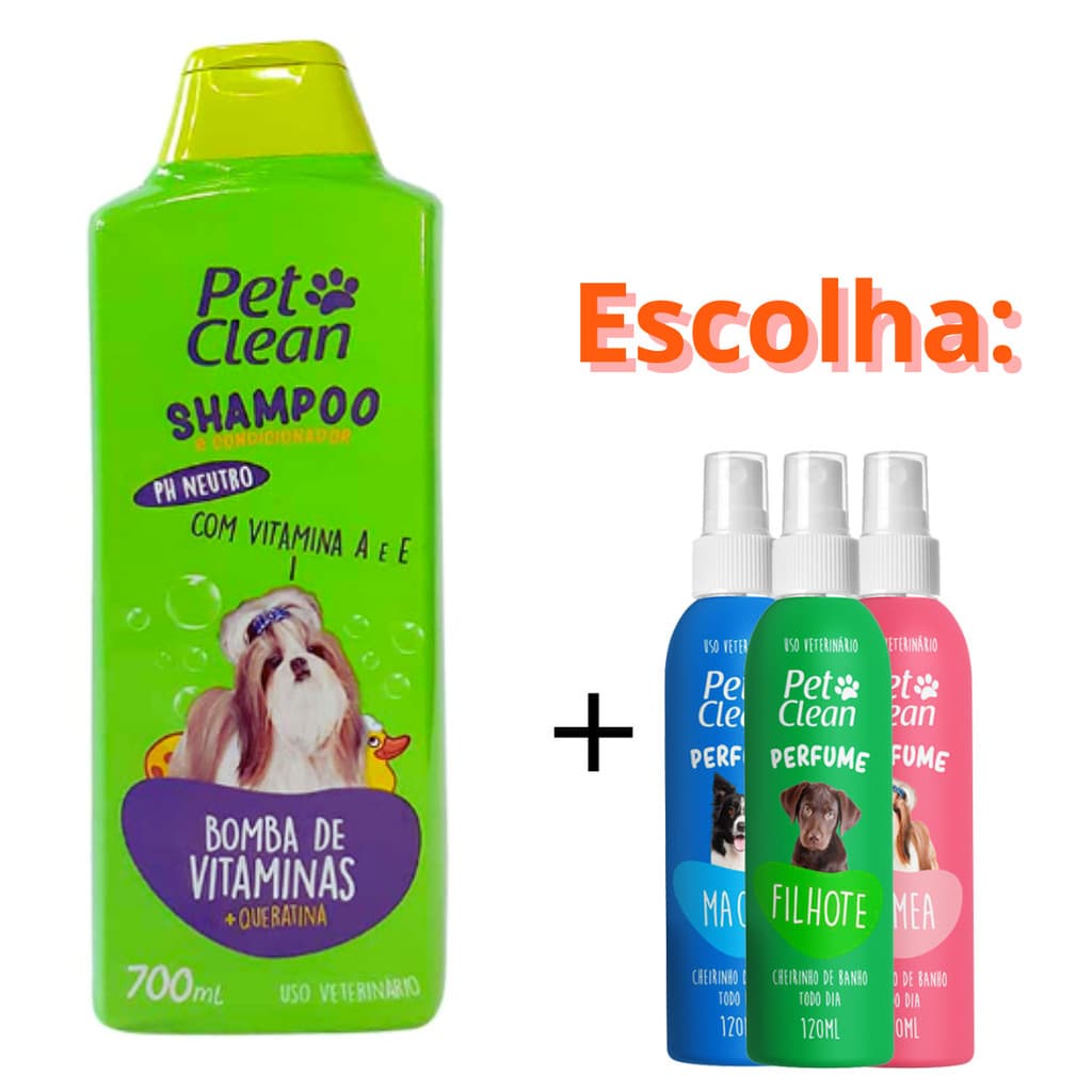 Kit Shampoo e Condicionador Bomba de vitaminas + 1 Perfume 120ml para Cães e Gatos Pet Clean