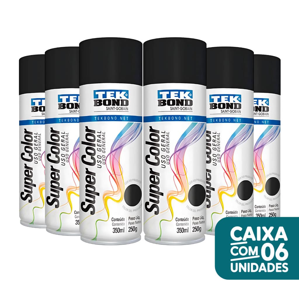 Kit 6 Tintas Spray Preto Fosco 350ML Tekbond