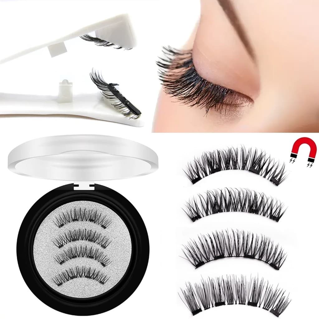 2 Pares De Cílios Magnéticos Naturais 3D Com 4 Postiços Reutilizáveis Ferramenta Cosmética Portátil 24P-4