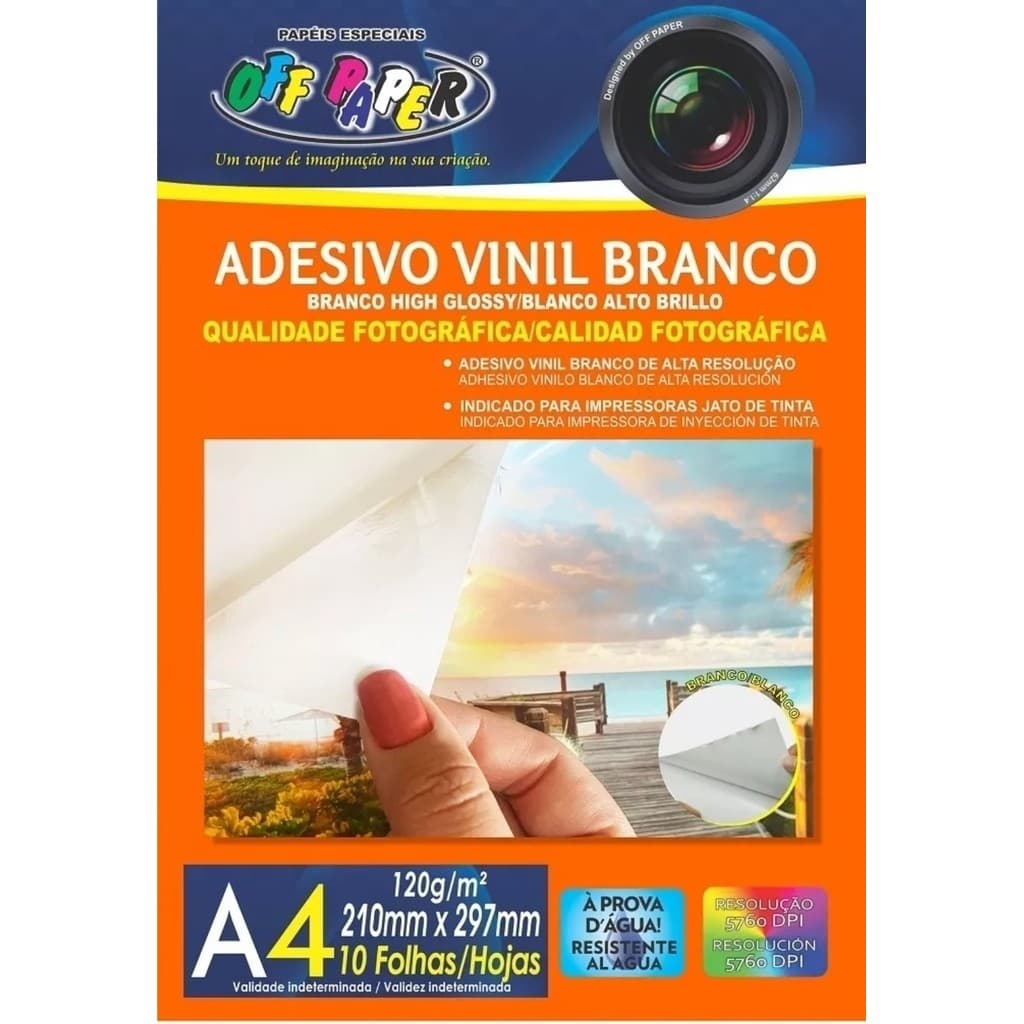 Adesivo Vinil Branco A4 120g com 10 Folhas Alto Brilho Impressão Fotográfica Etiqueta