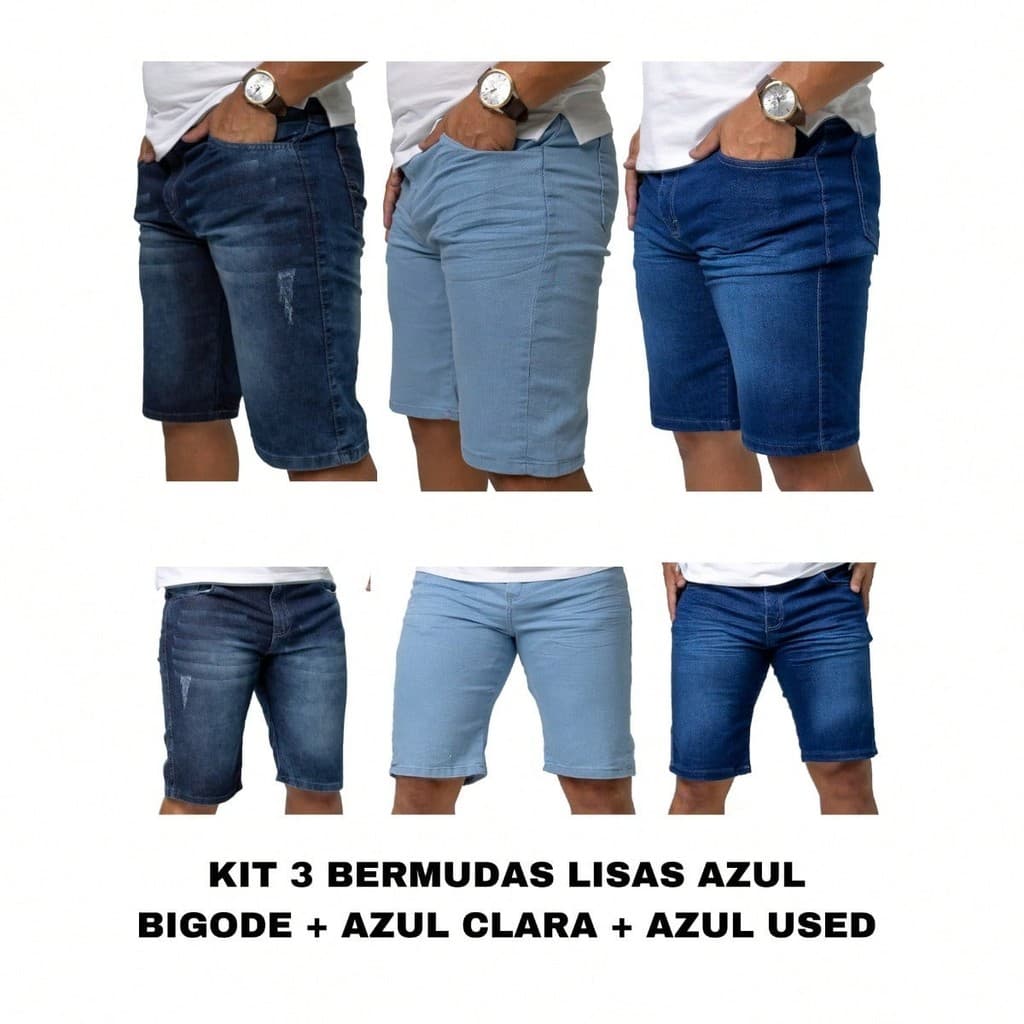 Kit 3 Bermuda Masculina Jeans c Elastano Premium Azul Clara + Azul Bigode +Azul USED - Short Jeans