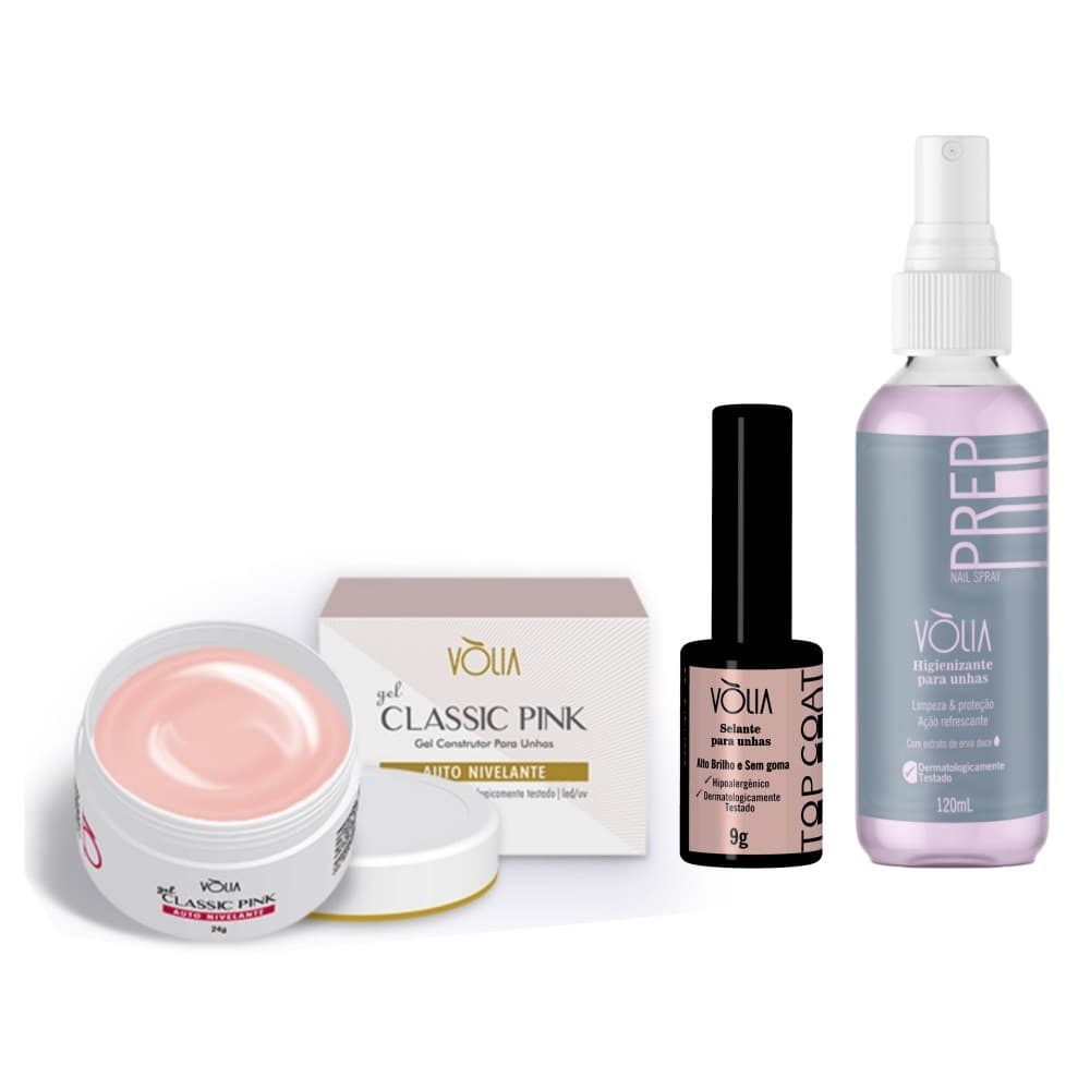KIT VOLIA GEL CLASSIC PINK + TOP COAT + PREP SPRAY