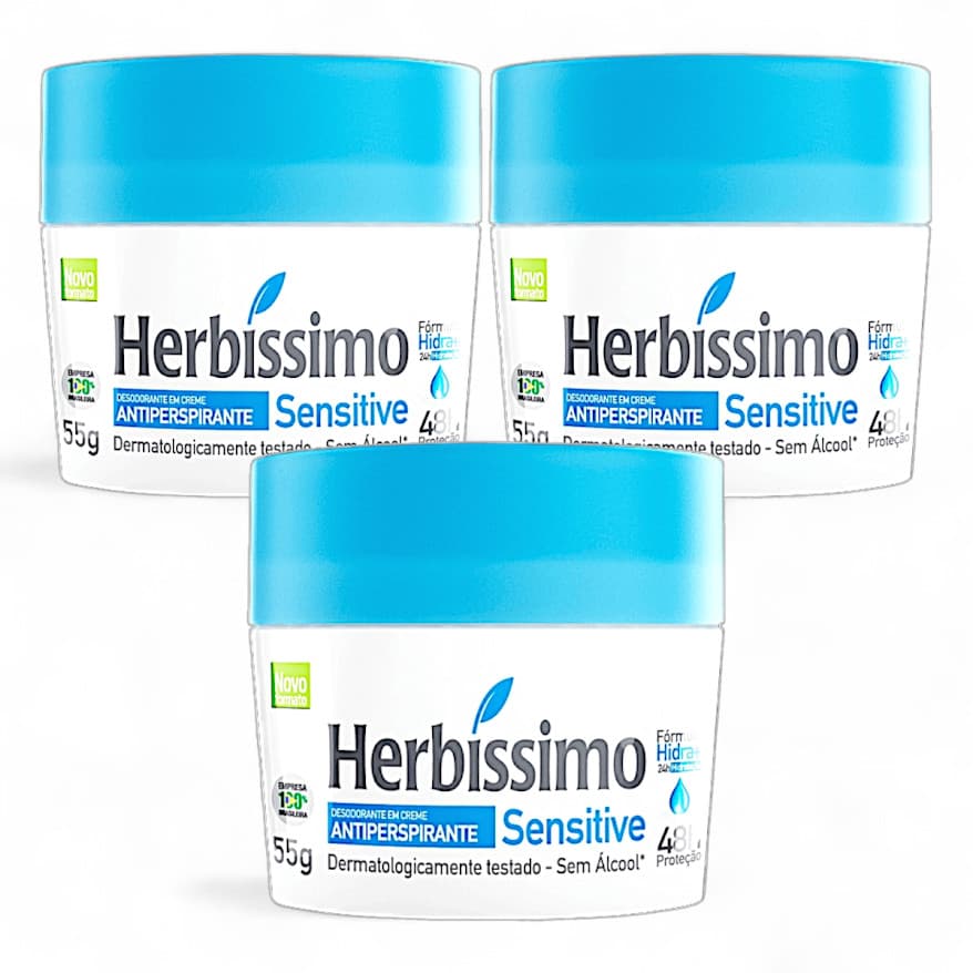 Kit com 3 Desodorantes Creme Antitranspirante Herbíssimo Sensitive 55g: Proteção 48 Horas com Aroma Oriental Frutal