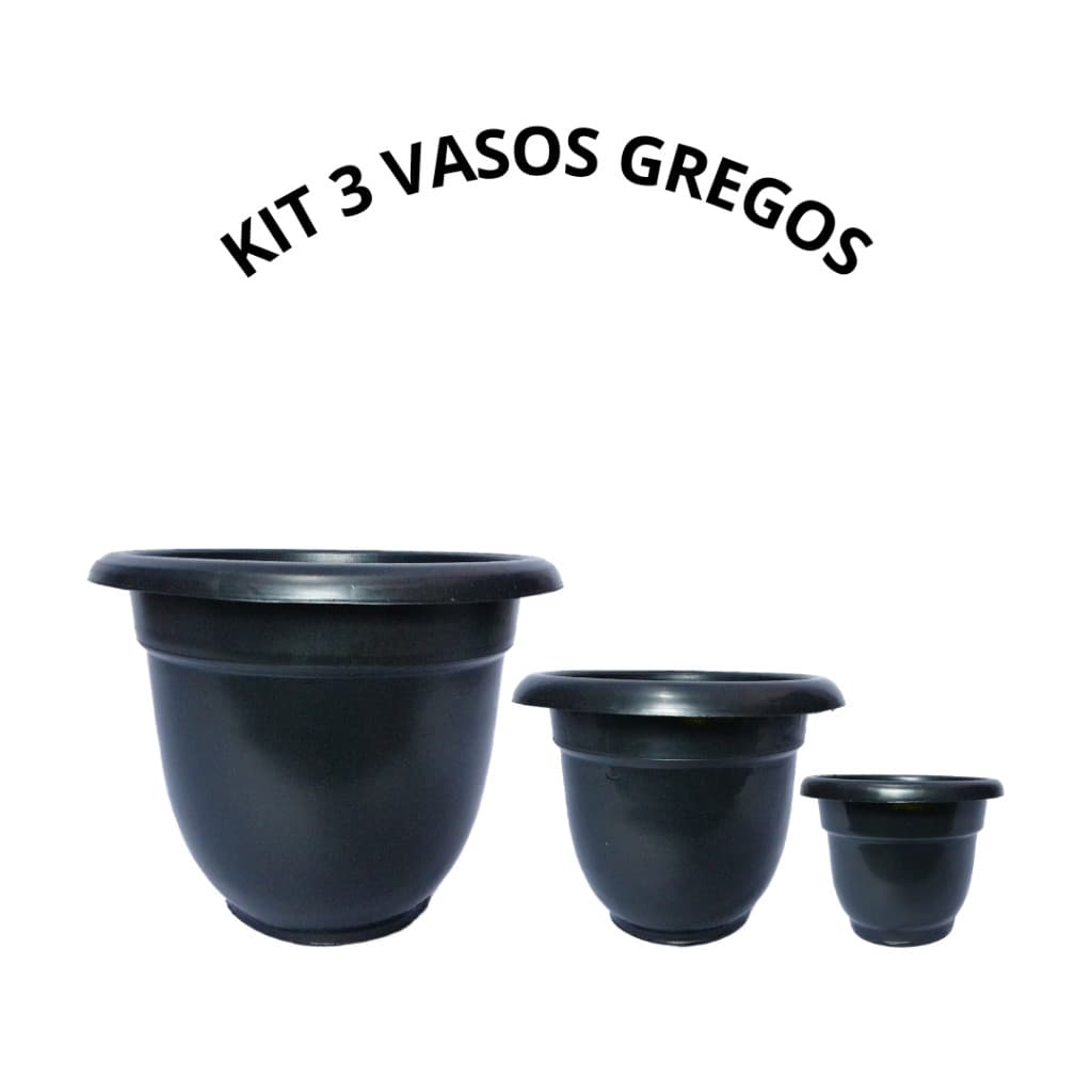 Kit 3 Vasos Grego Plastico Reforçado Plantas e Flores Pretos P M G