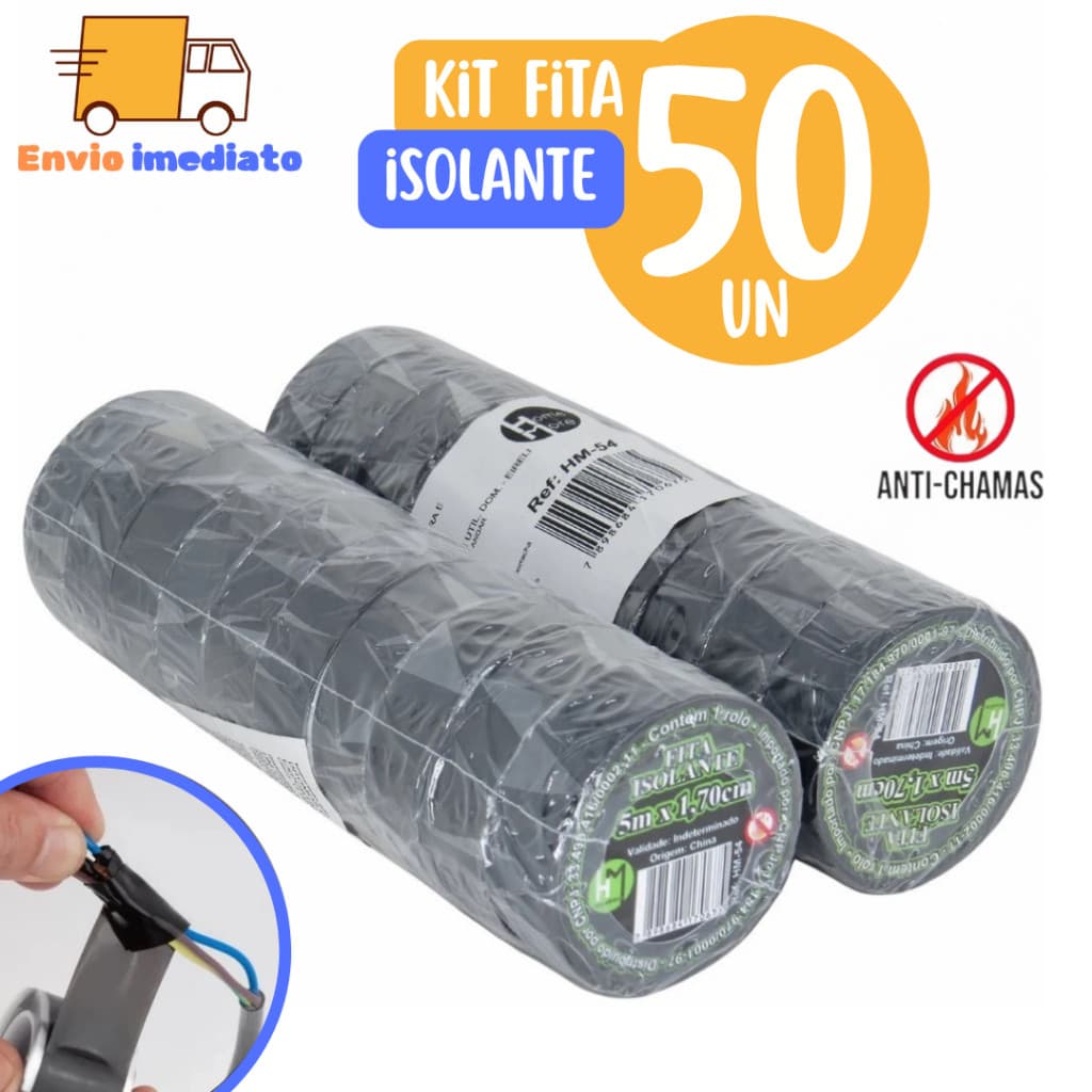Kit 50 Fitas isolante Antichama Preta para Eletricista uso Geral Domestico e Industrial - 5m