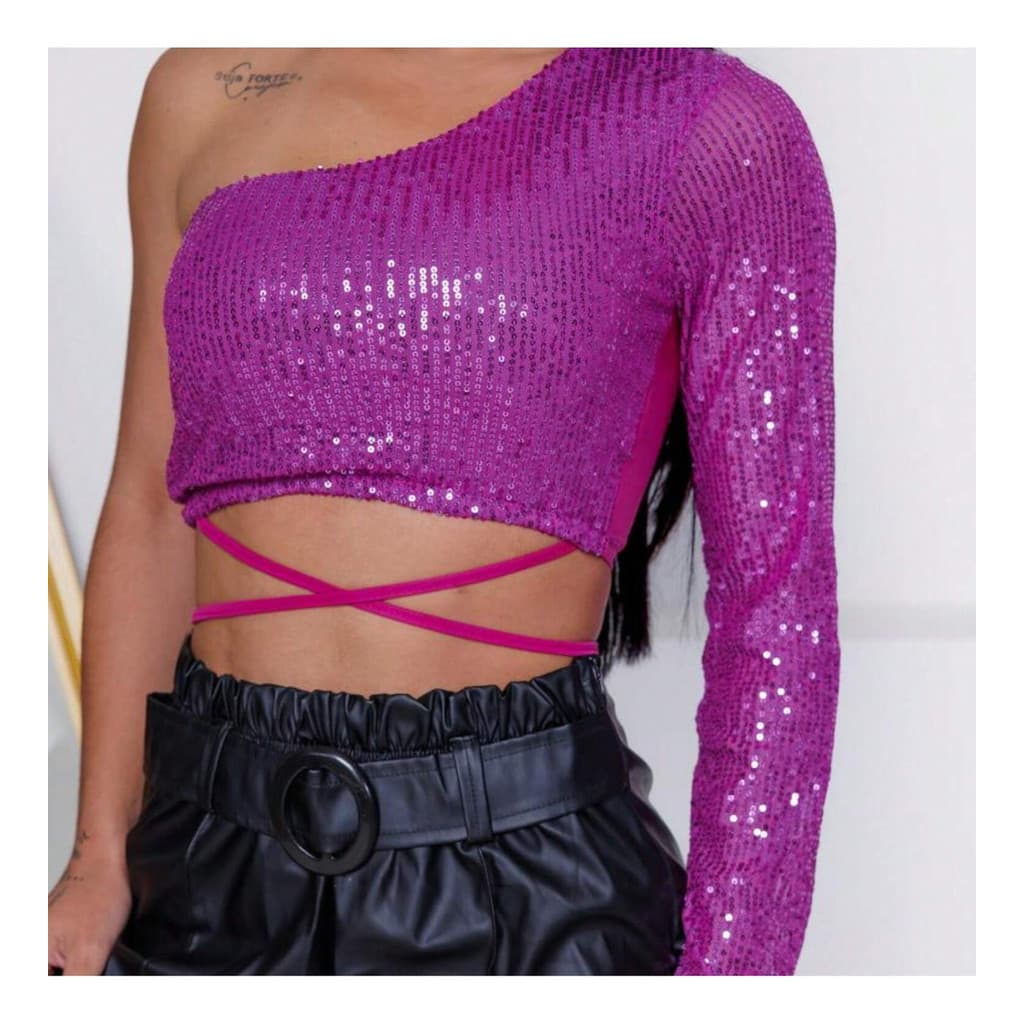 Cropped Feminino Manga Longa Paetê Brilhoso Moda Balada