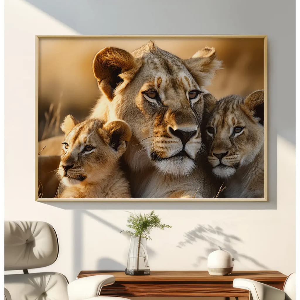 Quadro Decorativo 110x80cm Paisagem Leõa Mãe e Dois Filhotes Luxo Sala Quarto Casa Decoração De Parede Mdf Adesivo