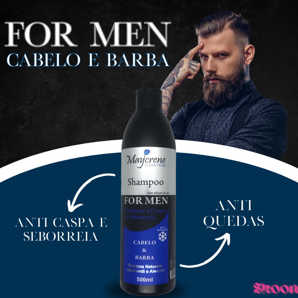Shampoo For Men 500ml Maycrene - Shampoo Para Barba - Shampoo Para Cabelo Anti Caspa Anti Queda