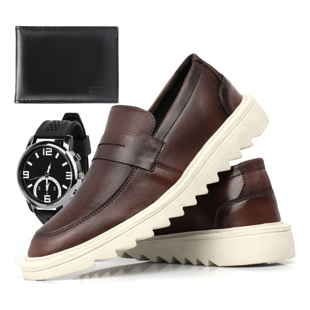 Kit Sapato Masculino Loafer Mocassim Leve + Relógio Carteira