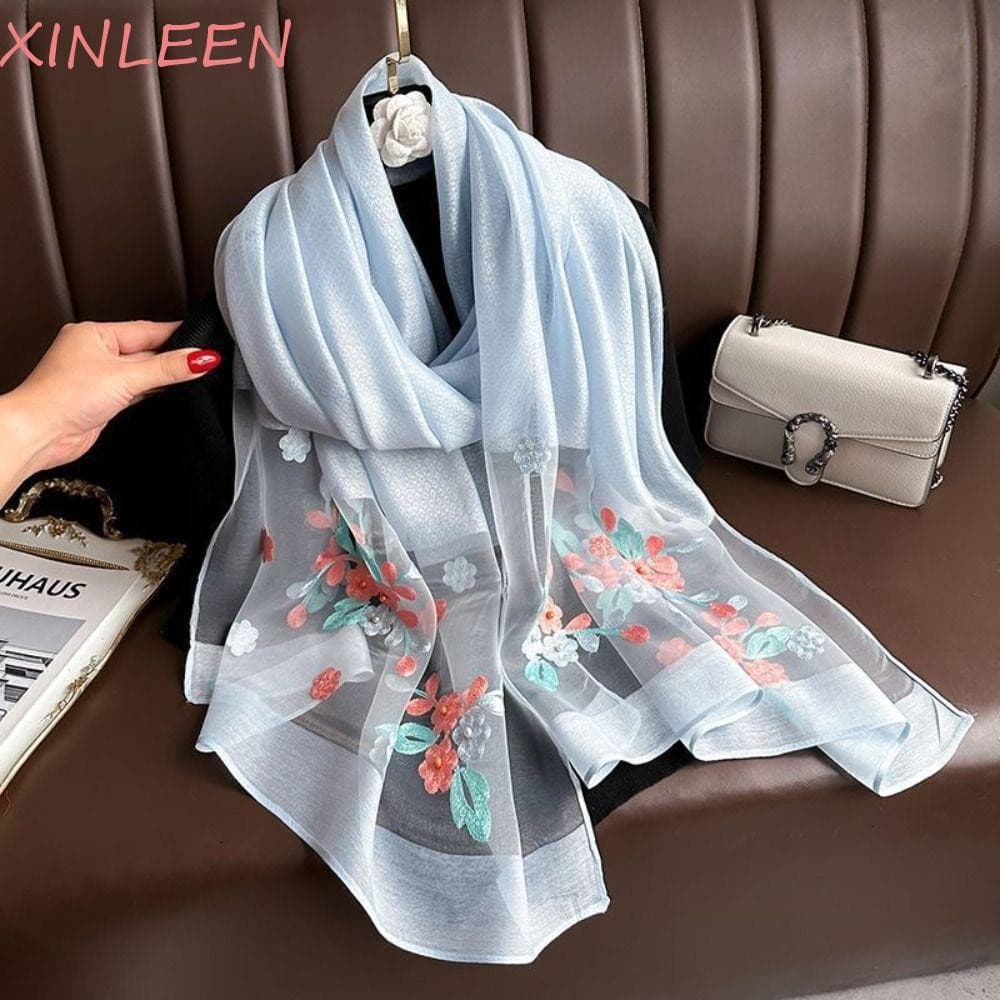 XINLEEN Lenço De Seda De Luxo , Xales Hijab Grandes E Macios Finos Para Mulheres , Renda Brilhante Com Bordado De Flores