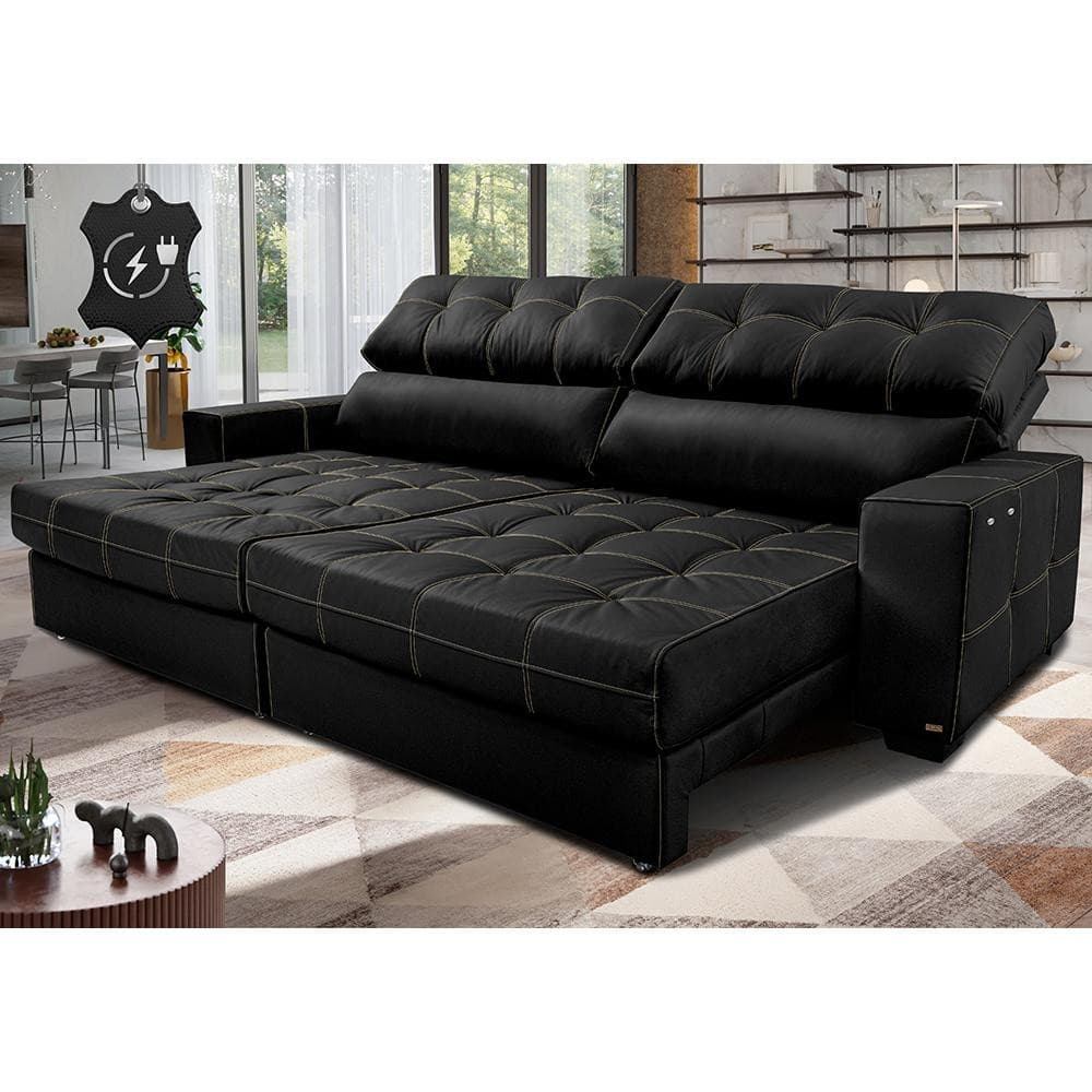 Sofá de Couro Elétrico Retrátil 2,95m Molas Ensacadas Cama inBox Gran Majesty Preto