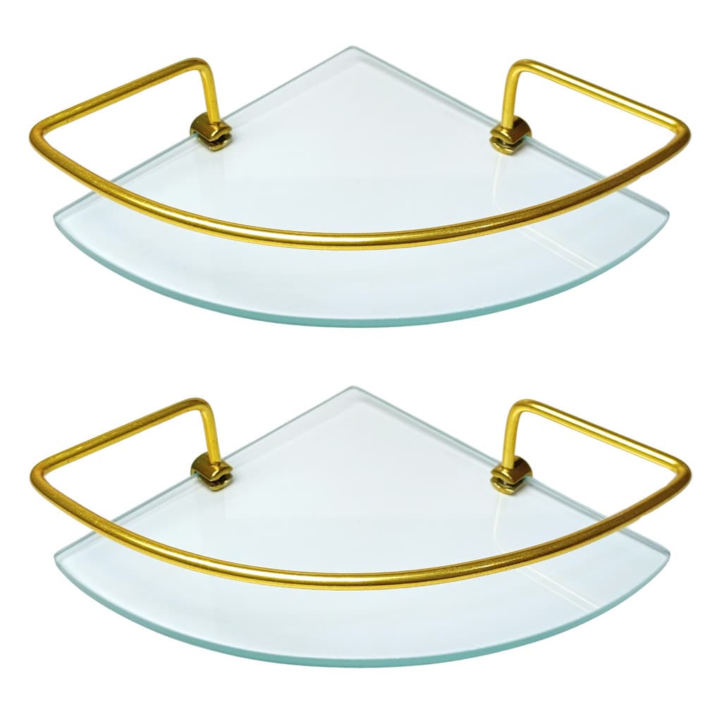 Kit C/ 2 Porta Shampoo de Canto Para Banheiro e Lavabo Suporte Prateleira Dourado Com Vidro Incolor