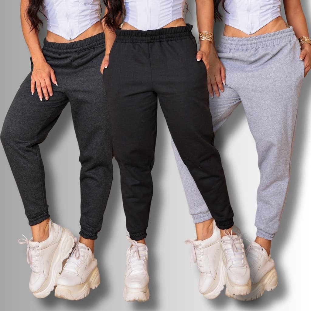 Kit 3 Calças Jogger Moletom Bolso Algodão Flanelado Feminina