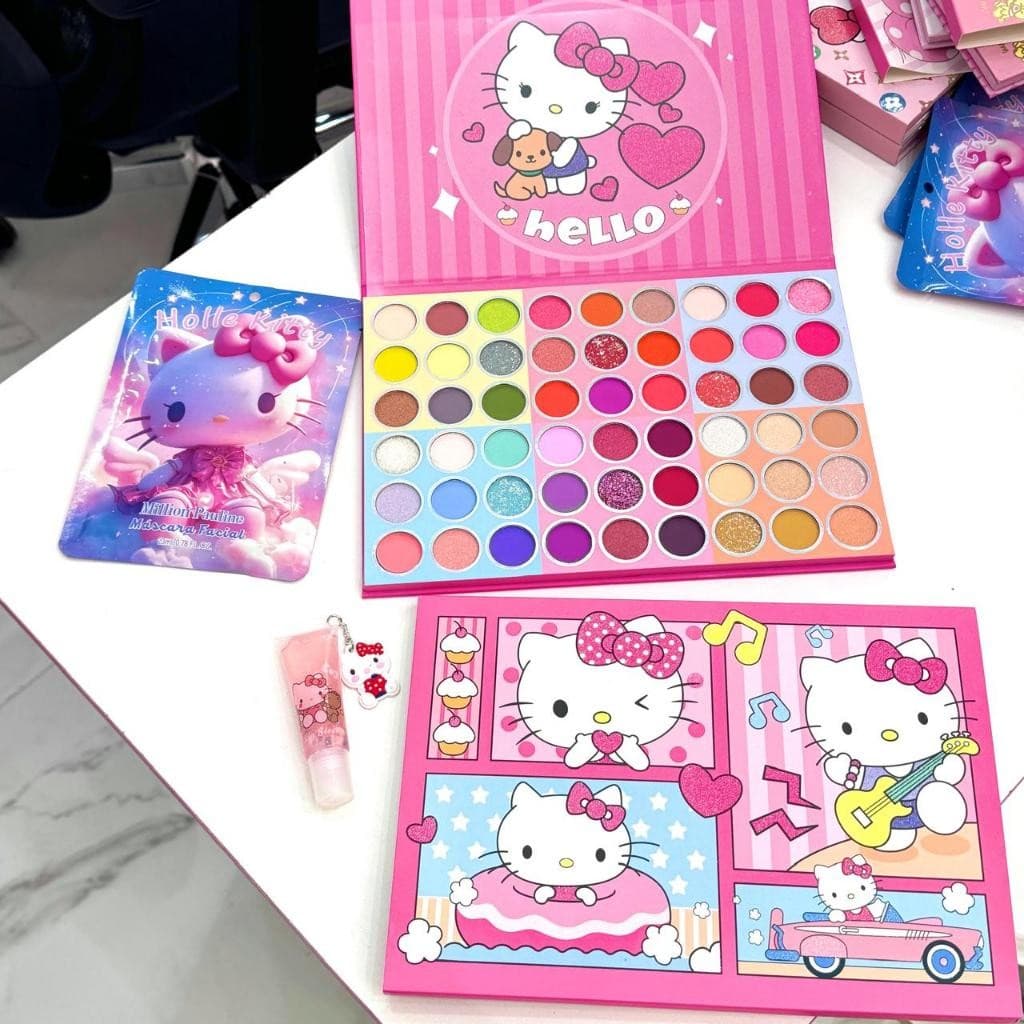 kit de paleta sombra Stitch e Hello Kitty + Lip gloss + Máscara facial
