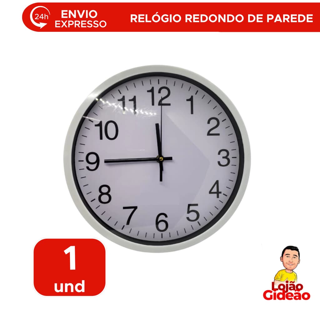 Relógio de Parede de Plástico Redondo Prata 30cm