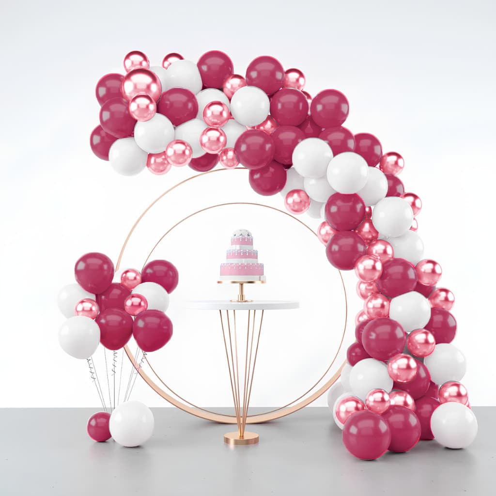 Kit 125 Balões Festa Marsala + Branco + Rose Gold + Fita Arco - Balão Bexiga Liso/Cromado Para Aniversários