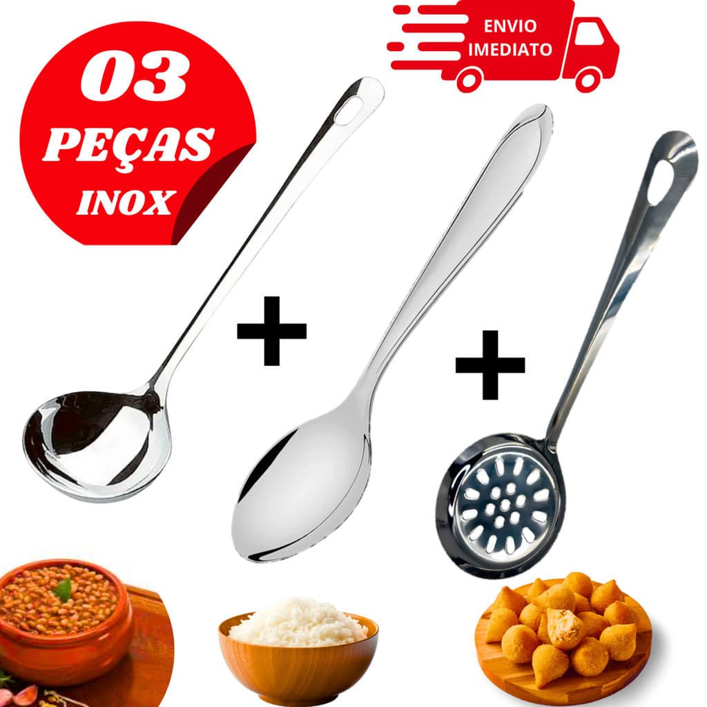 Kit de Cozinha Aço Inox 3 Peças Colher de Pegar Arroz Concha de Feijão e Escumadeira Para Fritura