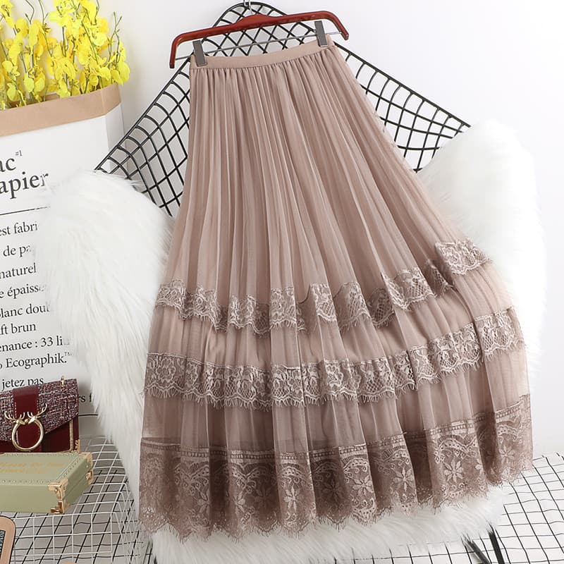 Beiyingni Saias Midi Plissadas em Malha Casual Saia Feminina com Forro de Renda Saia Lisa de Cintura Alta